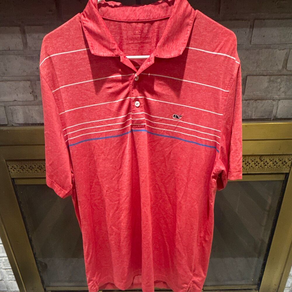 Vineyard Vines Menâs Polo Shirt L Red White Blue Striped Short Sleeve Logo